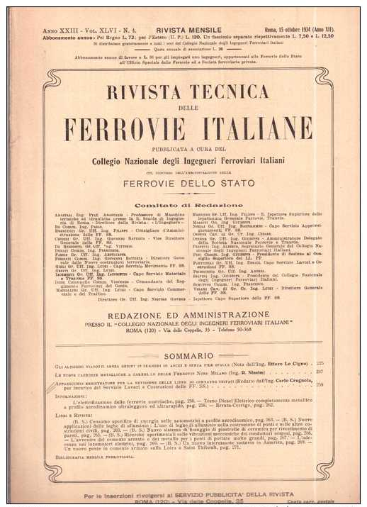 FERROVIE FS RAILWAIS RIVISTA TECNICA DELLE FERROVIE 1934 N  4 CON ARTICOLI FOTO ILLUSTRAZIONI - Non Classificati