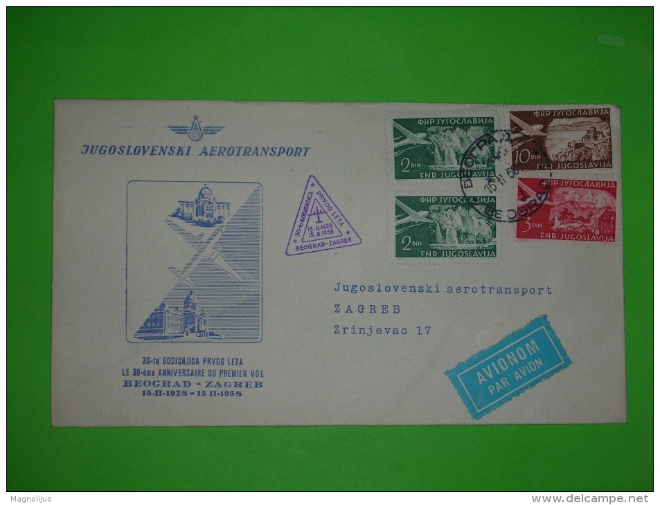 Yugoslavia,SFRJ,JAT Cover,air Mail Letter,anniversary Airplane Flight Stamp,Beograd-Zagreb,Premier Vol,par Avion Label - Airmail