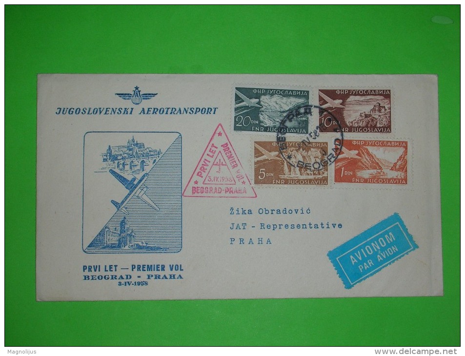 Yugoslavia,SFRJ,JAT Cover,air Mail Letter,first Airplane Flight Stamp,Beograd-Praha,Premier Vol,par Avion Postal Label - Luftpost