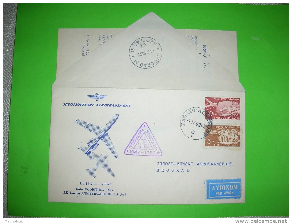 Yugoslavia,SFRJ,JAT Cover,air Mail Letter,15-th Anniversary Of The Airlines Stamp,Zagreb-airport ,par Avion Postal Label - Luftpost