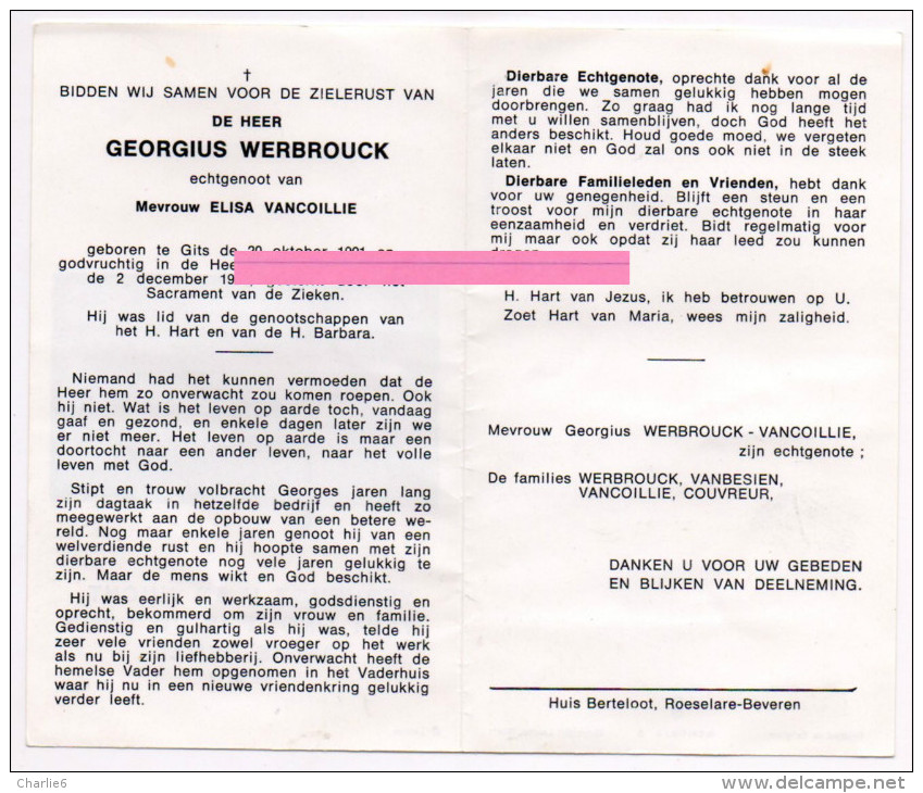 Werbrouck Gregorius Vancoillie Vanbesien Couvreur Gits Roeselare  Bidprentje Doodsprentje - Religione & Esoterismo