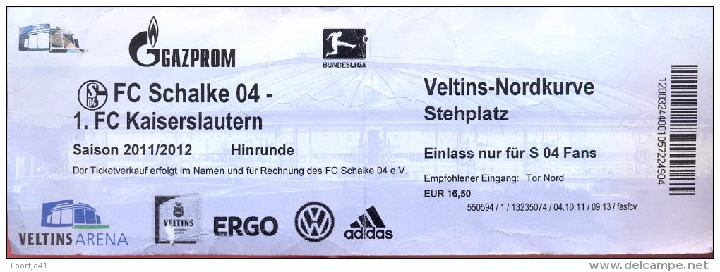 Ticket Ingang Voetbal Bundesliga - Match FC Schalke 04 - FC Kaiserslautern - 2011 - Biglietti D'ingresso