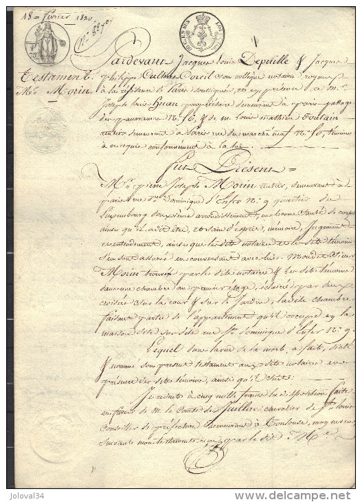 Manuscrit   Testament Paris Rue St Dominique D'Enfer Quartier Du Luxembourg  - Sceau - Cachet - 18/2/1820 - Manuscripts