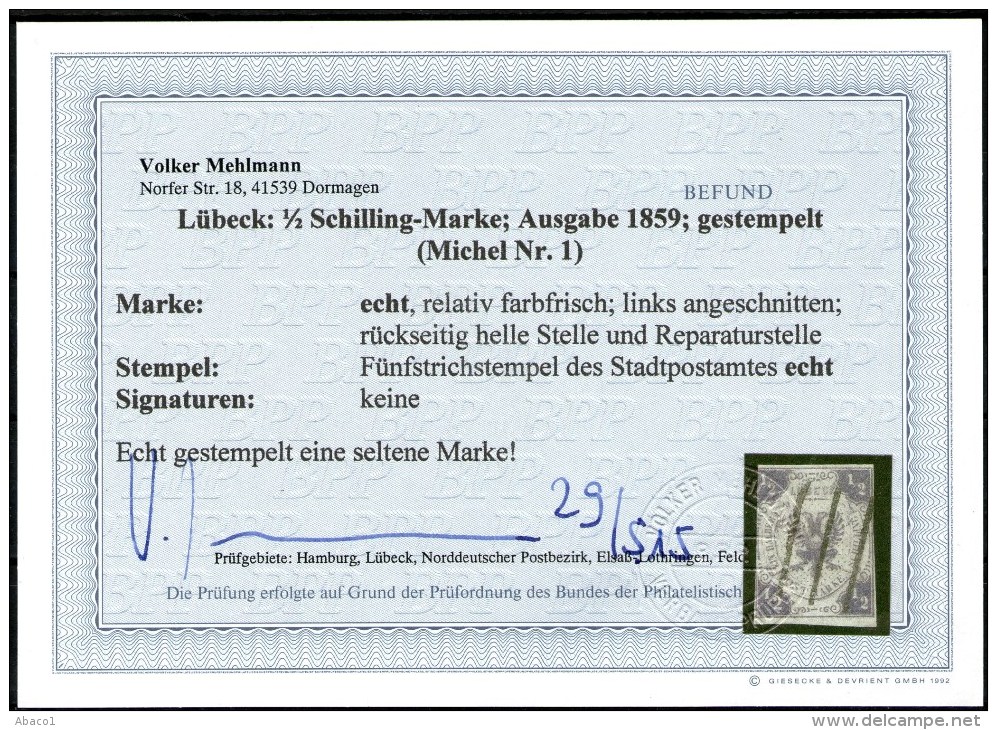 Lübeck Nr. 1 - 1/2 Shilling Dunkelviolett Mit Balkenstempel - Befund BPP - Lübeck