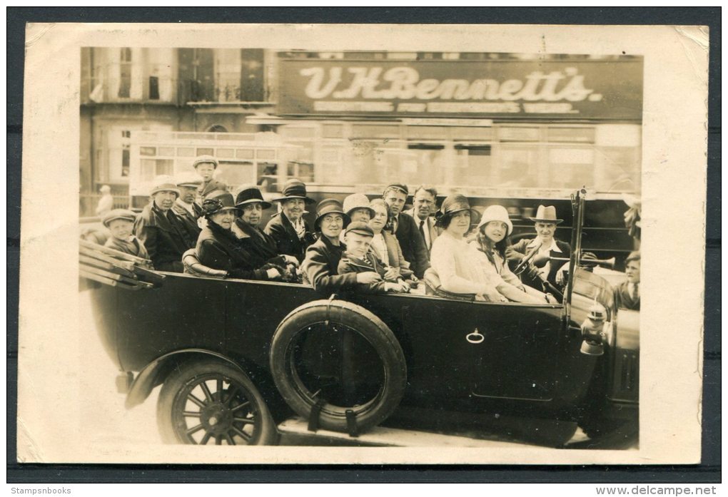 1926 Weymouth Dorset Chamber's Kiosk Charabanc Car Party Bennett's Shop RP Postcard - Weymouth