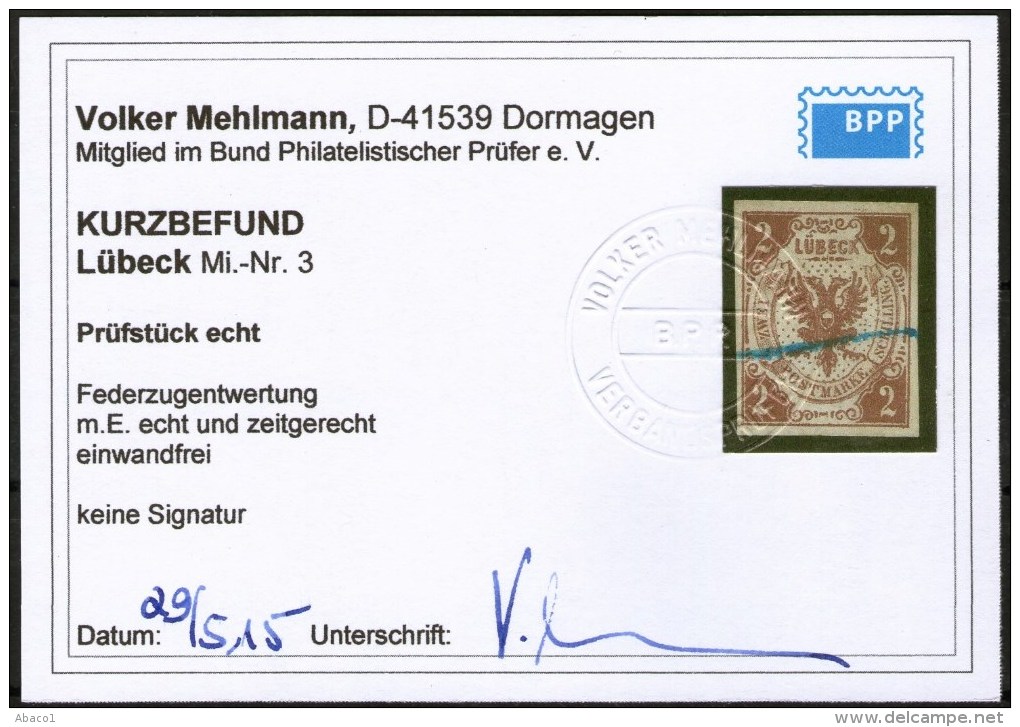 Lübeck Nr. 3 - 2 Shilling Rötlichbraun Mit Federzug - Tiefst Geprüft BPP - Kabinett - Lübeck