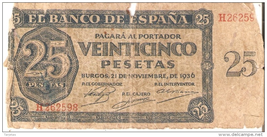 BILLETE DE ESPAÑA DE 25 PTAS DEL 21/11/1936 SERIE H CALIDAD  RC (BANKNOTE) - 25 Peseten