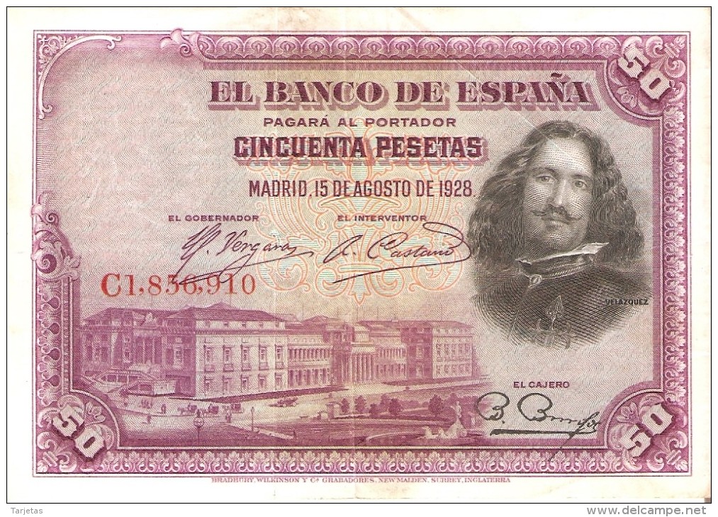 BILLETE DE ESPAÑA DE 50 PTAS DEL AÑO 1928 SERIE C CALIDAD MBC (BANKNOTE) - 50 Pesetas