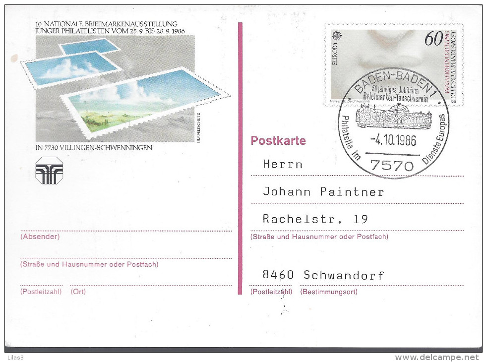 Entier Postal 1986 Exposition Philatélique Jeunesse Cachet Illustré BADEN BADEN - Cartes Postales Illustrées - Oblitérées