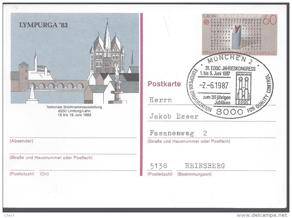 Exposition Philatélique Philatélie Limbourg 1983 Cachet MUNCHEN Organisation Européennz Pour Le Contrôle Qualité - Cartes Postales Illustrées - Oblitérées