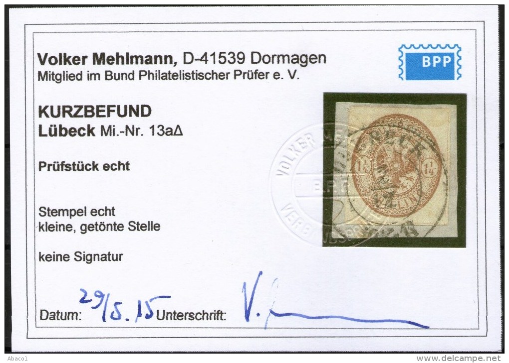Lübeck Nr. 13 A - 1 1/4 Shilling Rötlichbraun Mit Ortsstempel - Kurzbefund BPP - Kabinett - Lübeck