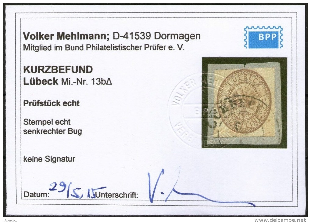 Lübeck Nr. 13 B - 1 1/4 Shilling Dunkelbraun Mit Ortsstempel - Kurzbefund BPP - Pracht - Luebeck