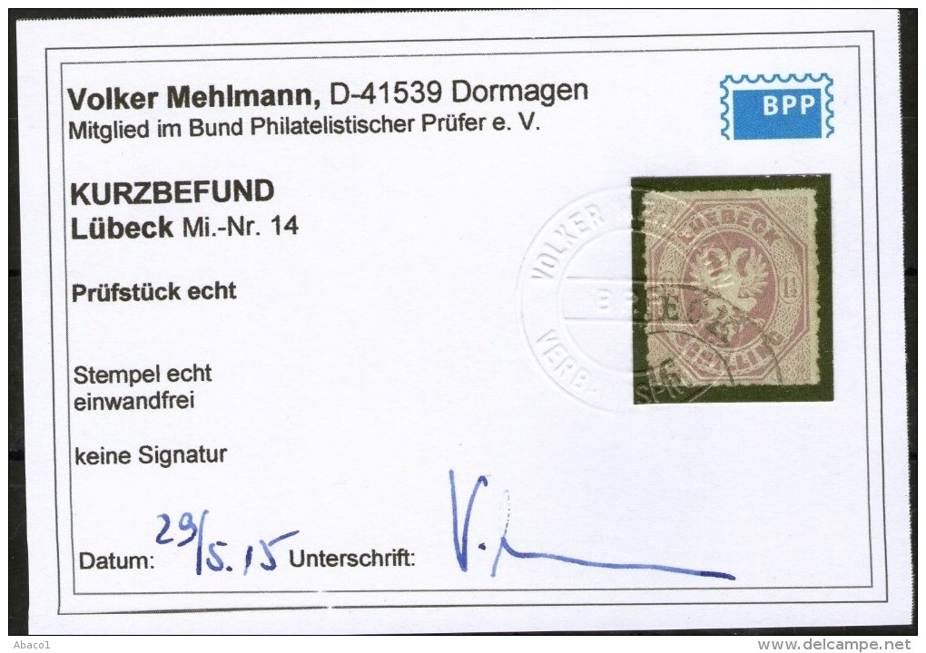 Lübeck Nr. 14 - 1 1/2 Shilling Purpur Mit Ortsstempel - Kurzbefund BPP - Kabinett - Lubeck
