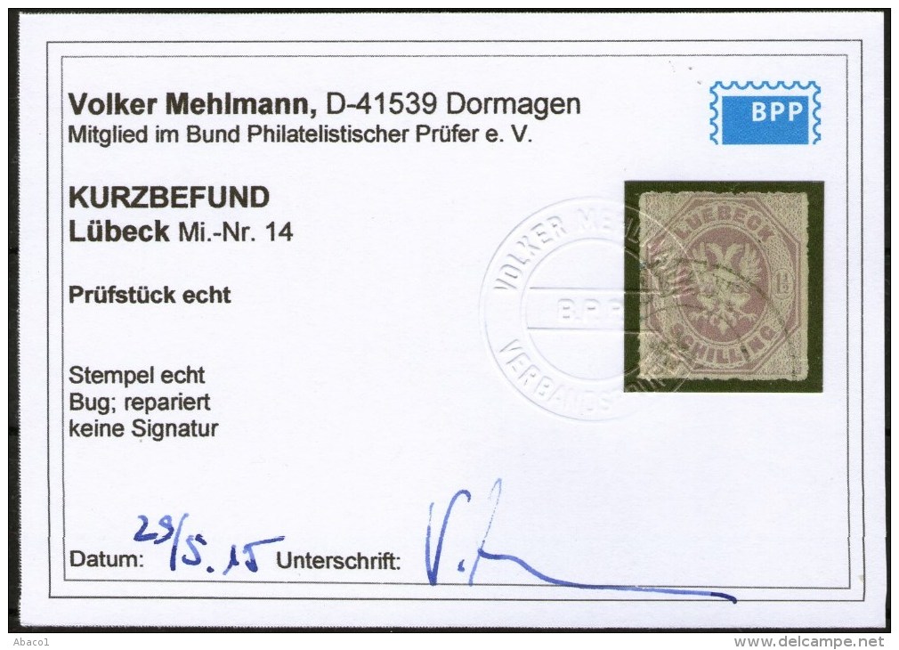 Lübeck Nr. 14 - 1 1/2 Shilling Purpur Mit Ortsstempel - Kurzbefund BPP - Luebeck
