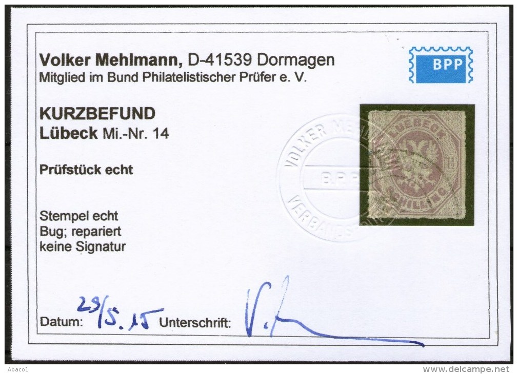 Lübeck Nr. 14 - 1 1/2 Shilling Purpur Mit Ortsstempel - Kurzbefund BPP - Lübeck