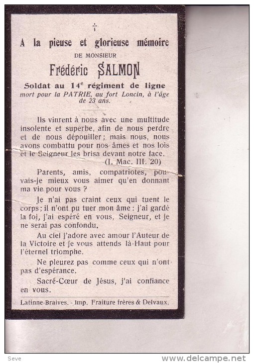 14-18 LATINNE BRAIVES Frédéric SALMON Soldat 14e De Ligne Mort Fort De Loncin à 23 Ans En Août 1914 Doodsprentje - Esquela