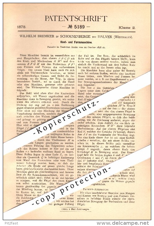 Original Patent - Wilhelm Bremker In Schöneberge B. Halver , 1878 , Knet- Und Formmaschine , Bäckerei , Bäcker  !! - Halver