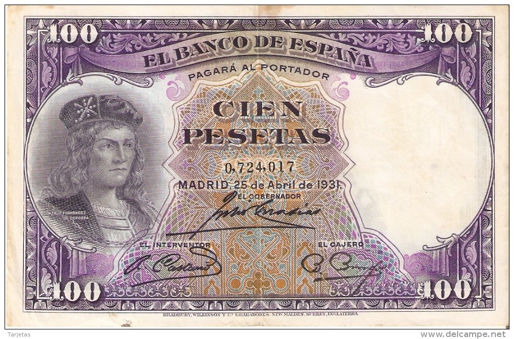 BILLETE DE ESPAÑA DE 100 PTAS DEL AÑO 1931 BC SIN SERIE  (BANKNOTE) - 100 Pesetas