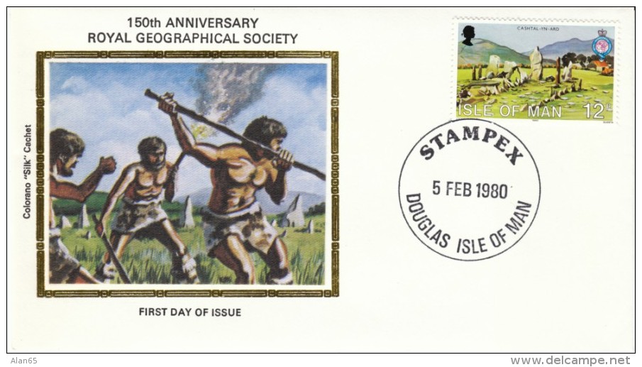 Isle Of Man Royal Geographical Society 12p Neolithic Burial Ground Cashtal Yn Ard FDC Colorano Silk' Cachet Illustration - Isla De Man