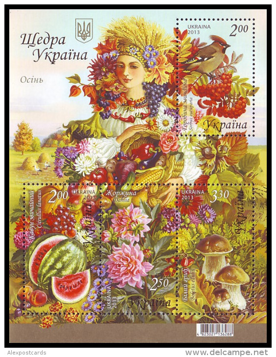2013. GENEROUS UKRAINE: AUTUMN. Bird, Flowers, Fruits, Mushrooms, Grapes. Mi-Nr. 1361-64 Block 114 Mint (**) - Ukraine