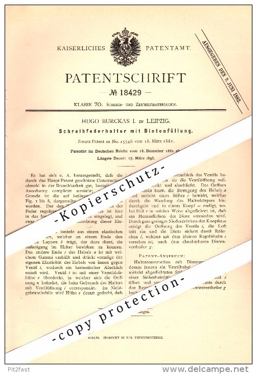 Original Patent - Schreib-Federhalter Mit Dintenfüllung , 1881 , Füllfederhalter , Hugo Burckas In Leipzig !!! - Penne