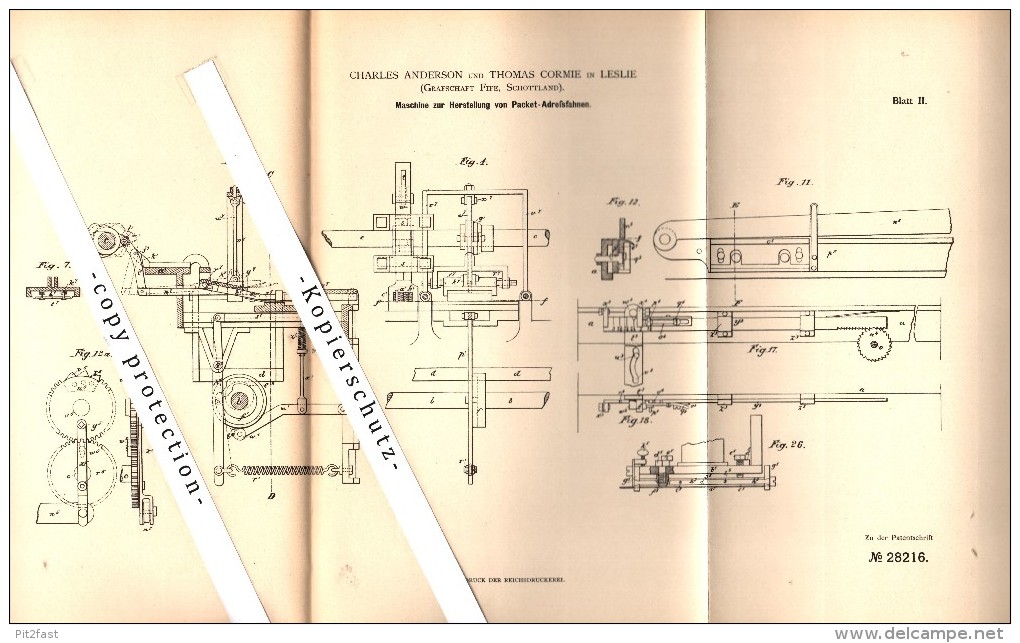 Original Patent -C. Anderson Und T. Cormie In Leslie , Fife ,1883, Production Of Trailers For Address Packets , Scotland - Fife