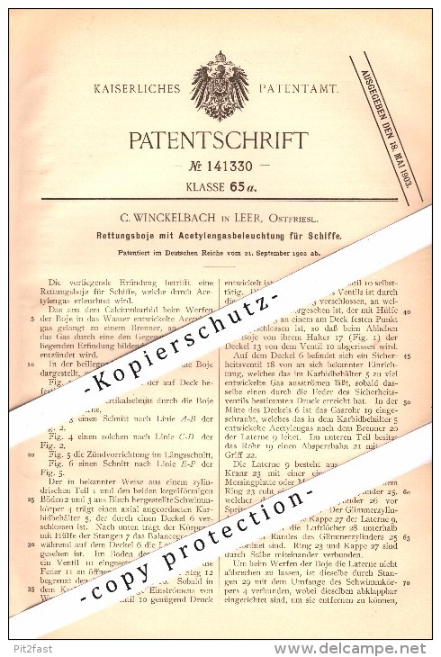 Original Patent - C. Winckelbach In Leer , 1902 , Rettungsboje Mit Acetylengas-Beleuchtung , Boje , Seenotrettung !!! - Leer