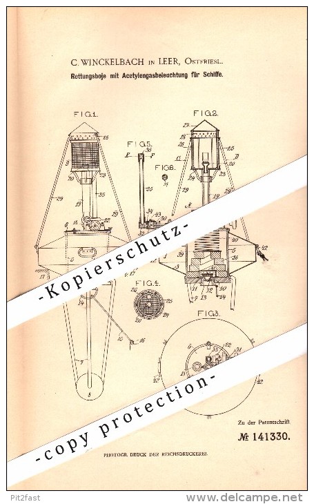 Original Patent - C. Winckelbach In Leer , 1902 , Rettungsboje Mit Acetylengas-Beleuchtung , Boje , Seenotrettung !!! - Leer