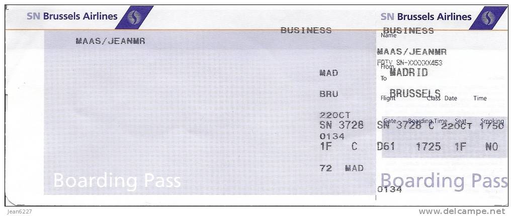 Ticket D´avion (passenger Receipt) Et Boarding Pass - SN Brussels Airlines - Vol SN3728 - Madrid-Brussels - 22OCT04 - Tickets
