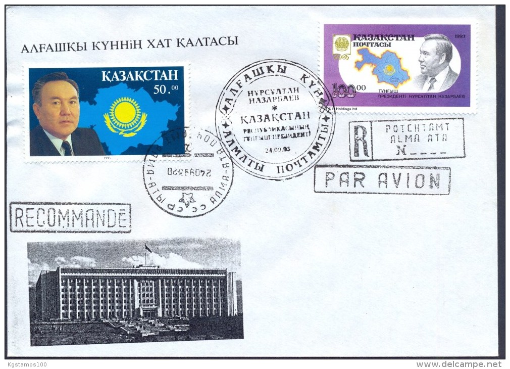 Kazakhstan 1993 FDC/cover Registered. President N.Nazarbaev. Flag. Map. COA. - Kazachstan