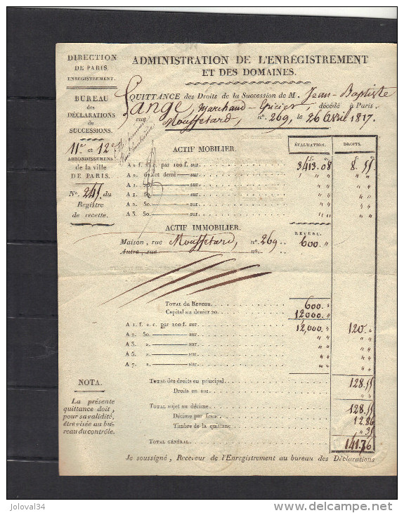 Paris Rue Du Bouloy 19/7/ 1817 Quittance Des Droits De Succession  De M Lange Marchand épicier Décédé Rue Mouffetard - 1800 – 1899