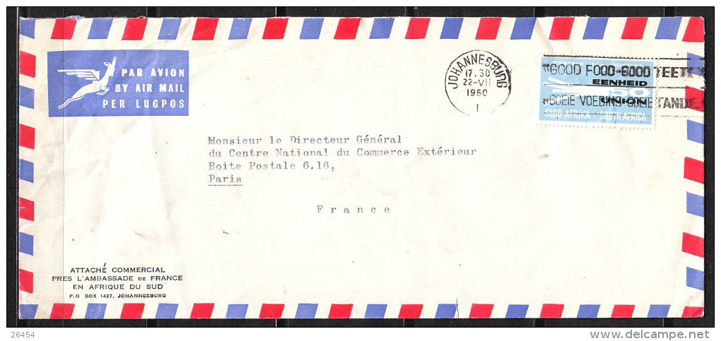 SOUTH AFRICA   Lettre De  JOHANNESBURG   Le 22 VII 1960  Timbre  SEUL Sur LETTRE Pour PARIS   Par Avion - Lettres & Documents