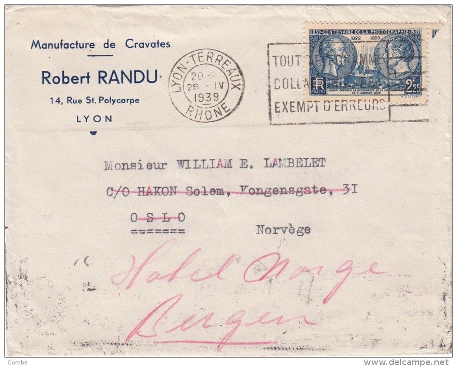 LETTRE FRANCE LYON 1939. Yv 427.  RARE DESTINATION NORVÈGE OSLO REDIRIGÉE BERGEN  TARIF 2.25F  / 1198 - Lettres & Documents