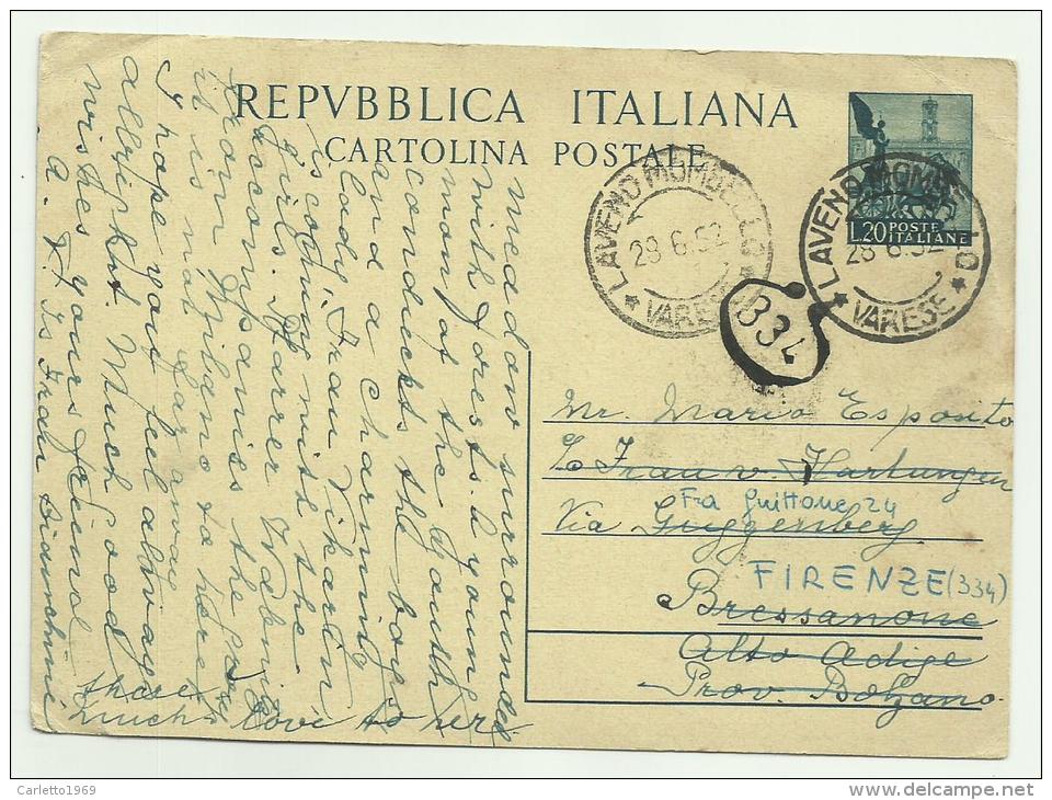 CARTOLINA POSTALE LIRE 20 DEL 1952 - Storia