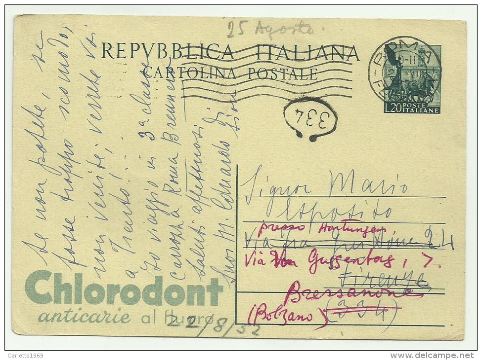 CARTOLINA POSTALE PUBBL.TA' CHLORODONT L.20 ANNO 1952 - Storia