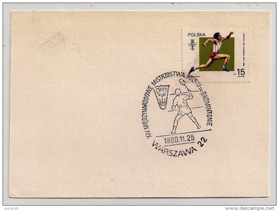 Poland, 1988, Special Cancellation, XIV International Championship Of Badmington, Warsawa, 26-11-88 - Badminton