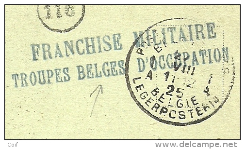 Kaart Met Stempel PMB 1A Op 22/8/25 Met Stempel FRANCHISE MILITAIRE / TROUPES BELGES D'OCCUPATION - Marcas De La Armada