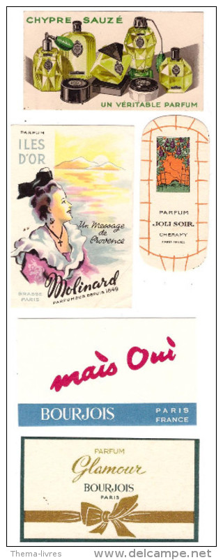 Lot De 5 Cartes Pafumées Chypre/ Glamour/ Mais Oui/ Joli Soir/ Iles D´or (PPP 1013° - Profumeria Antica (fino Al 1960)