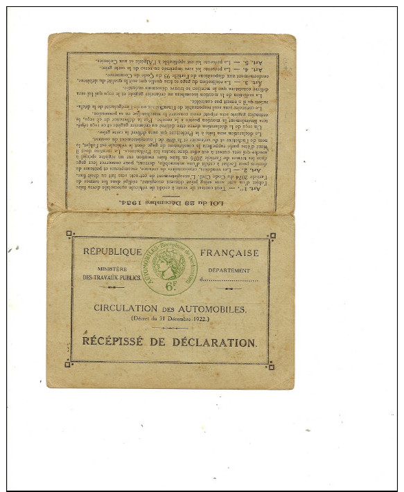 CIRCULATION DES AUTOMOBILES RECEPISSE DE DECLARATION  1940 - Non Classés