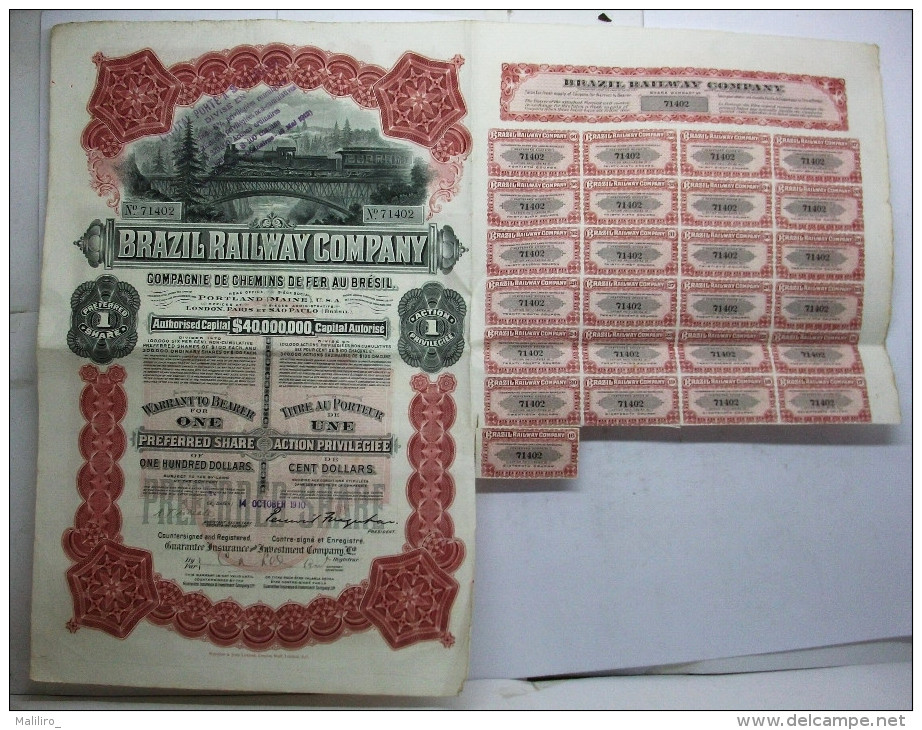 Action 1910 Brazil Railway Company Cent Dollars Avec Coupons - Chemin De Fer & Tramway