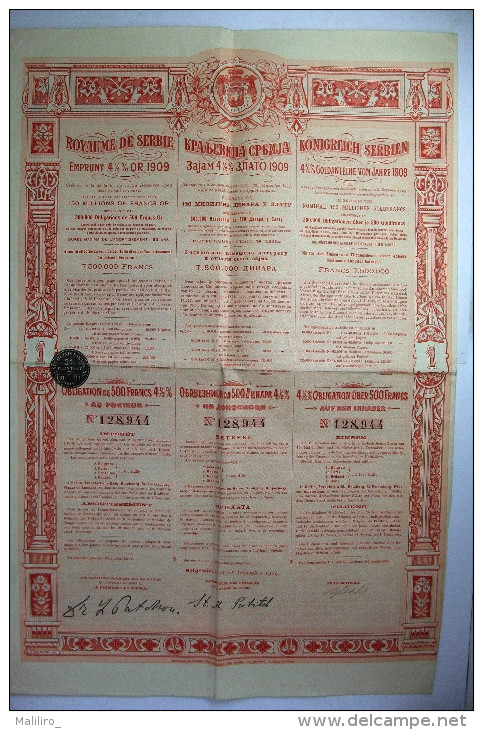 1909 Obligation 500 F Royaume De Serbie 4 1/2 % Or - S - V