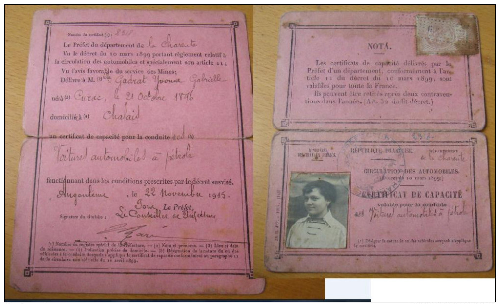 Permis De Conduire 1915 Certificat De Capacité Conduite Voiture Moteur à Petrole - Auto's