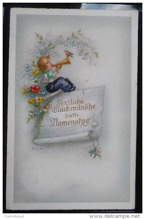 Cp Litho Illustrateur HACO 739 LORE H  HUMMEL Enfant Garcon Lutin Trompette Oiseau Voyagé 80c Luxembourg Grande Duchesse - Hummel