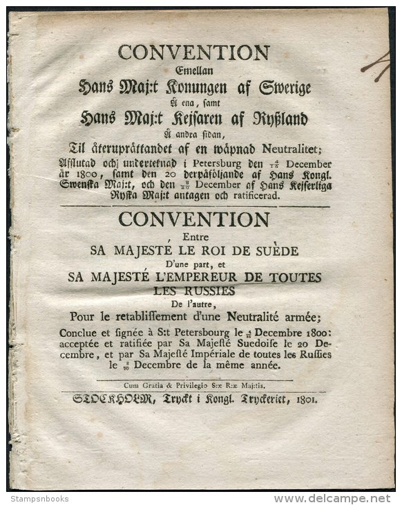 1801 Sweden Russia Convention Le Roi De Suede L'Empereur De Toutes Les Russies Militaire Gustaf Adolph - Historical Documents