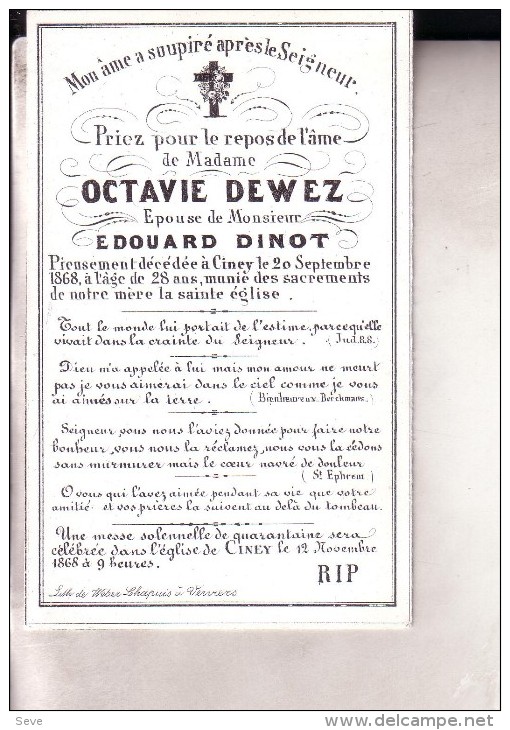 CINEY Octavie DEWEZ épouse Edouard DINOT 1840-1868 Souvenir Mortuaire Porcelaine - Décès