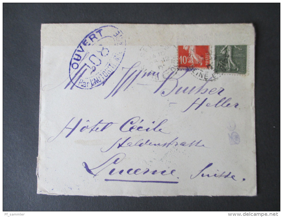 Frankreich 1918 Beleg. Zensurbrief. Controle Postal Militaire. Nach Luzern. Hotel Cécile. Ouvert 108 - Covers & Documents