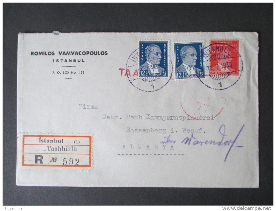 Türkei 1939 R-Brief Istanbul Taahhütlü R No 592. MiF Mit Rotem Und Blauem Stempel!! Romilos Vamvacopoulos - Covers & Documents