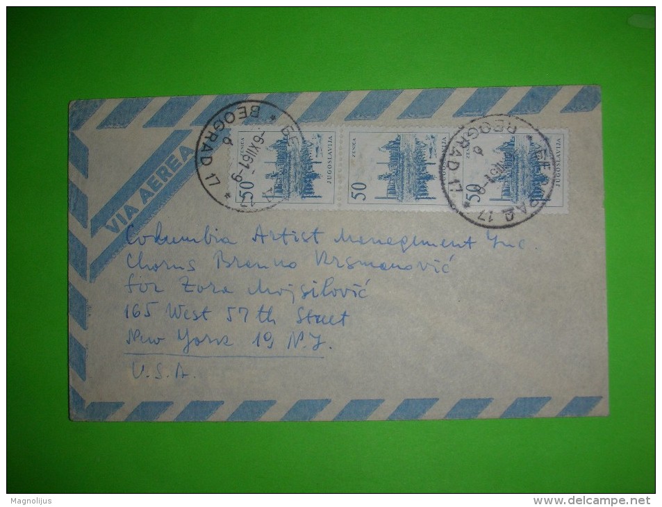 Yugoslavia,SFRJ,airmail Cover,via Aerea Letter,postal Vertical Stamps,philatelic,Belgrade-New York,franked 3x50 Dinars - Aéreo