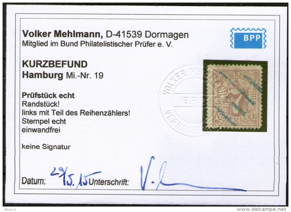 7 Shilling Graulila - Hamburg Nr.19 RZ Mit Balkenstempel - Tiefst Geprüft BPP - Kabinett - Hamburg