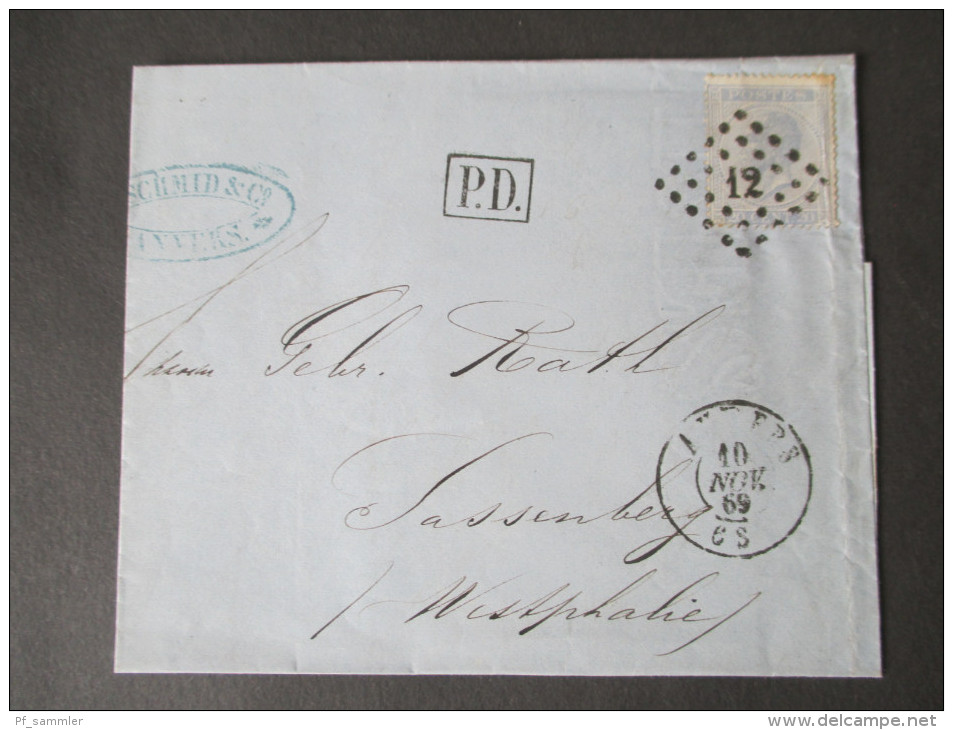 Belgien 1869 Nr. 15 EF. P.D. Anvers Nach Sassenberg. C. Schmid&Co. Geschäftsbrief. Rechnung. Papier Mit Wasserzeichen - 1865-1866 Profilo Sinistro